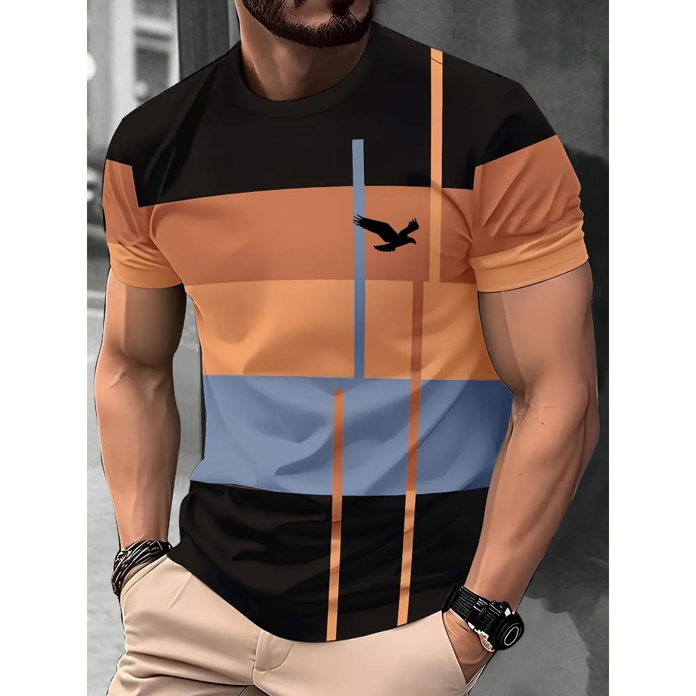 3D printed color striped men's T-shirt with anchor pattern short sleeved T-shirt