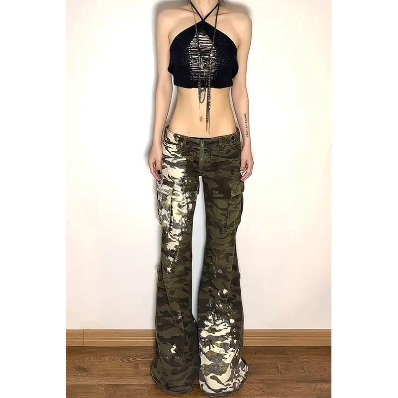 

Модные Ретро Вываренные Брюки Карго Камуфляжной Расцветки с Эффектом Аэрографии Женские 2025 Лето Новое Поступление Сексуальные Брюки с Завышенной Талией и Эффектом Почвы Ветра Приталенные Брюки Клеш Bootcut Pants S([80-98]])