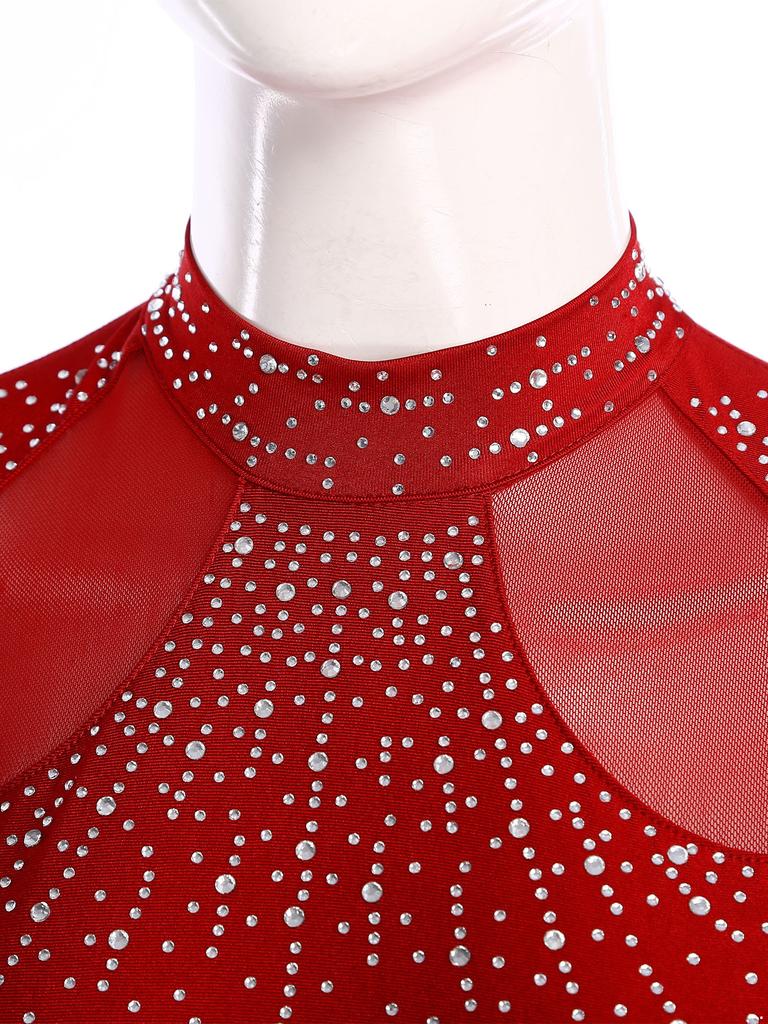 Långärmad Dansdräkt Klänning för Kvinnor Chiffongkjol Strass Scenuppträdande Kostym