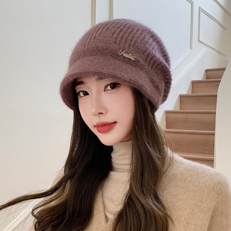 New Hat Women's Winter Knitted Face Small Autumn and Winter Rabbit Fur Warm and Thickened Piled Wool Hat