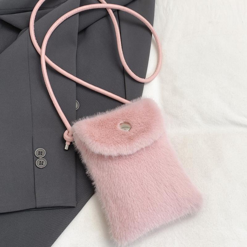 Trend Faux Fur Crossbody Bag Soft Plush Mini Shoulder Purse With Metal Button Adjustable Leather Strap Handbag Winter Phone Bag