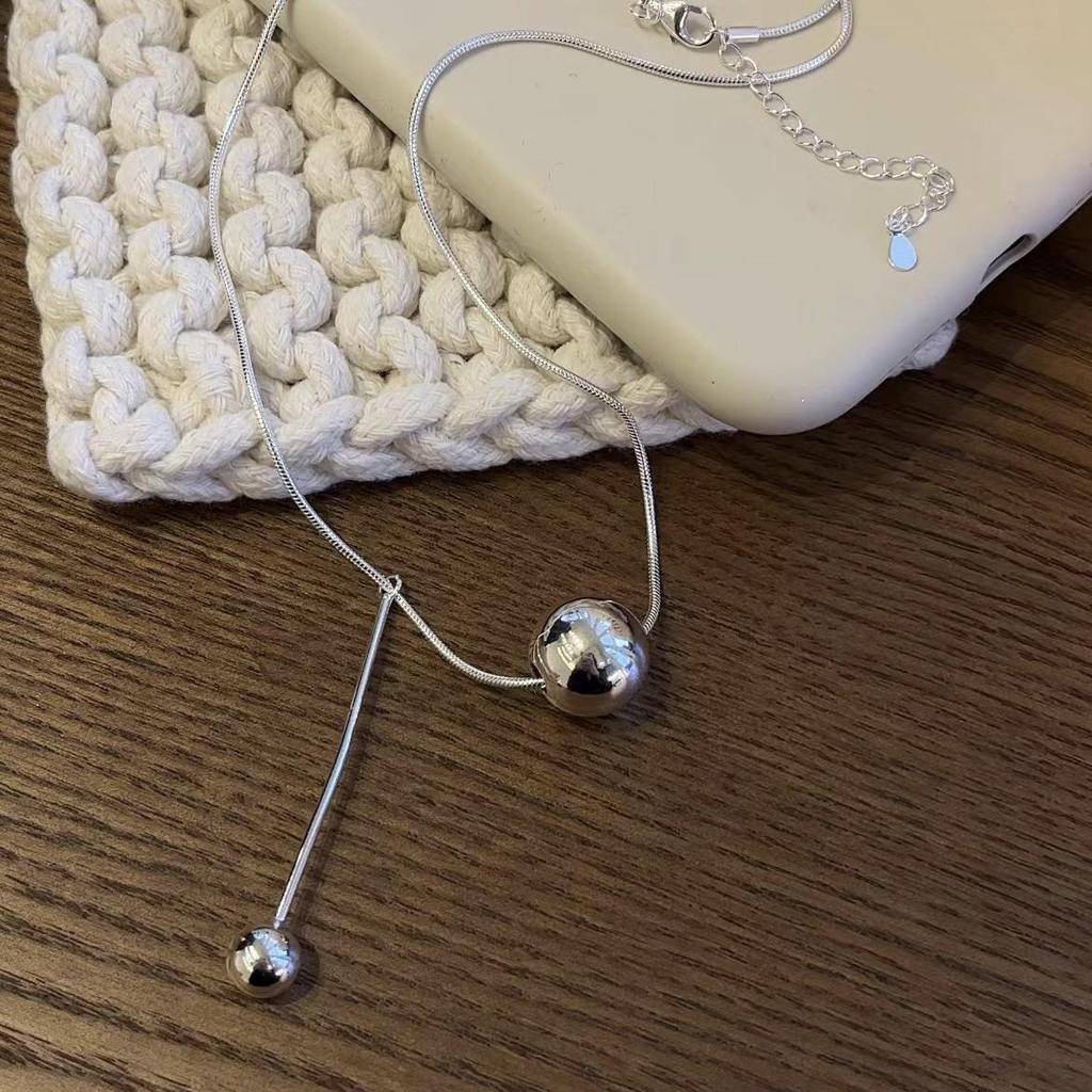 Su Chuang S925 Sterling Silver Round Bead Necklace - Simple Women's Sweater Chain, Ins Style, High-End Niche Design Clavicle Chain