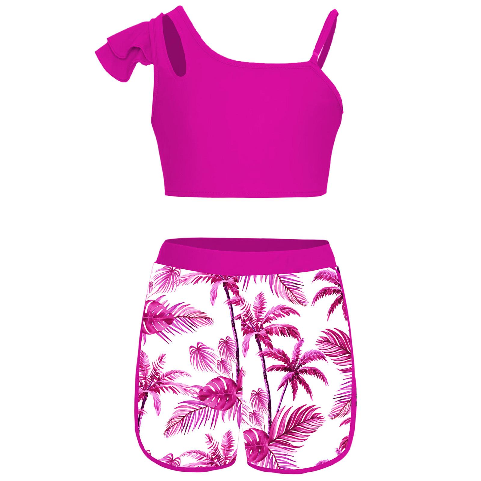 

Girls Two Piece Swim Set Sleeveless Tank Top Tropical Print Swim Shorts Beach Bathing Suit Summer Outfit 5-6 Years гарячі рожевого кольору