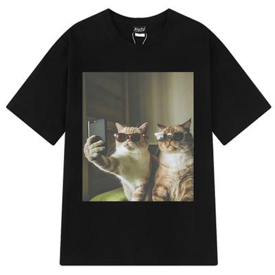 Het Vintage Selfie Buddy Rolig Kattmeme T-shirt Kvinnor Harajuku Mode T-shirts Kortärmade Hip-hop Casual T-shirts