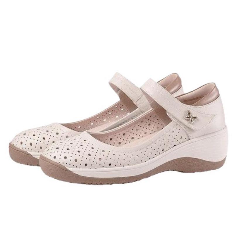 Casual Soft Leather Hollow Single Shoes Women's Summer New Versatile Thick-soled Breathable Non-slip Mother Shoes Sandals