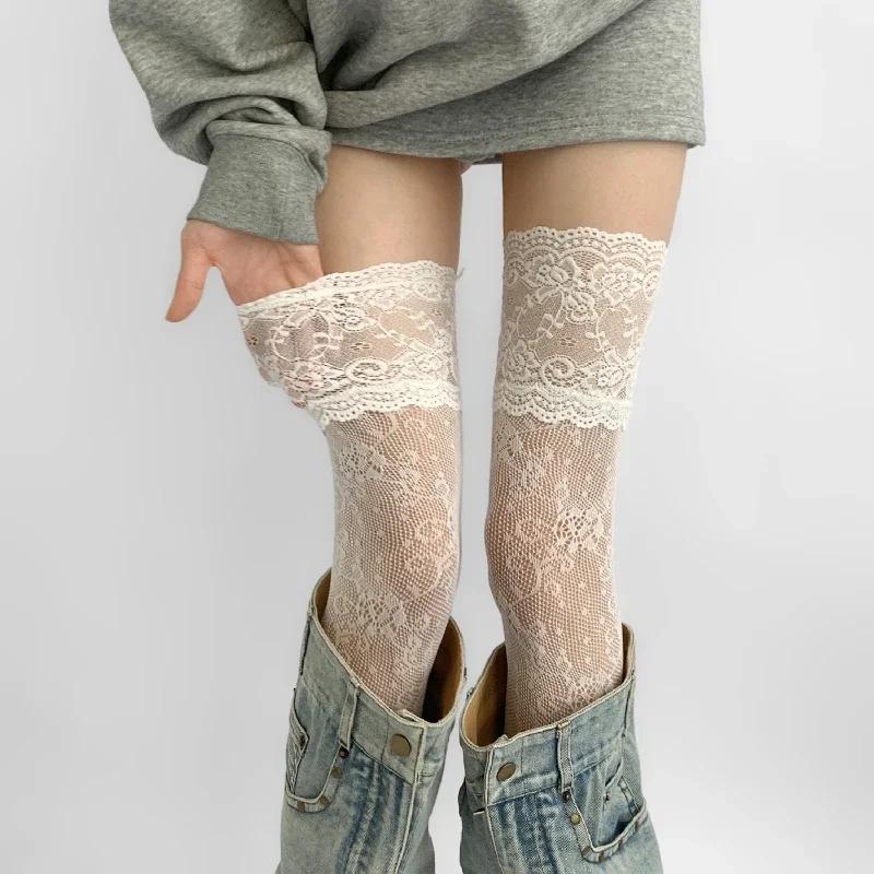 Women Flower Lace Fishnet Thigh High Stockings Japanese Style Jk Girl Sweet Lace Trim Frilly Over Knee Long Socks One Size