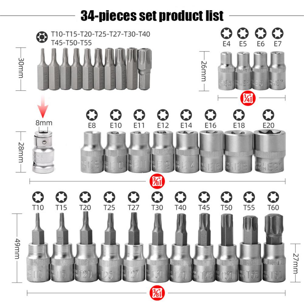 34pcs Torx Bit Socket and E-Torx Star Socket Set 1/4" 3/8" 1/2" Drive Male Female E-torx Security Bits Handheld Tool