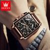 OLEVS Men's Watches Luxury Fashion Leather Strap Square Quartz Wristwatch for Man Waterproof Luminous Date Chronograph New reloj