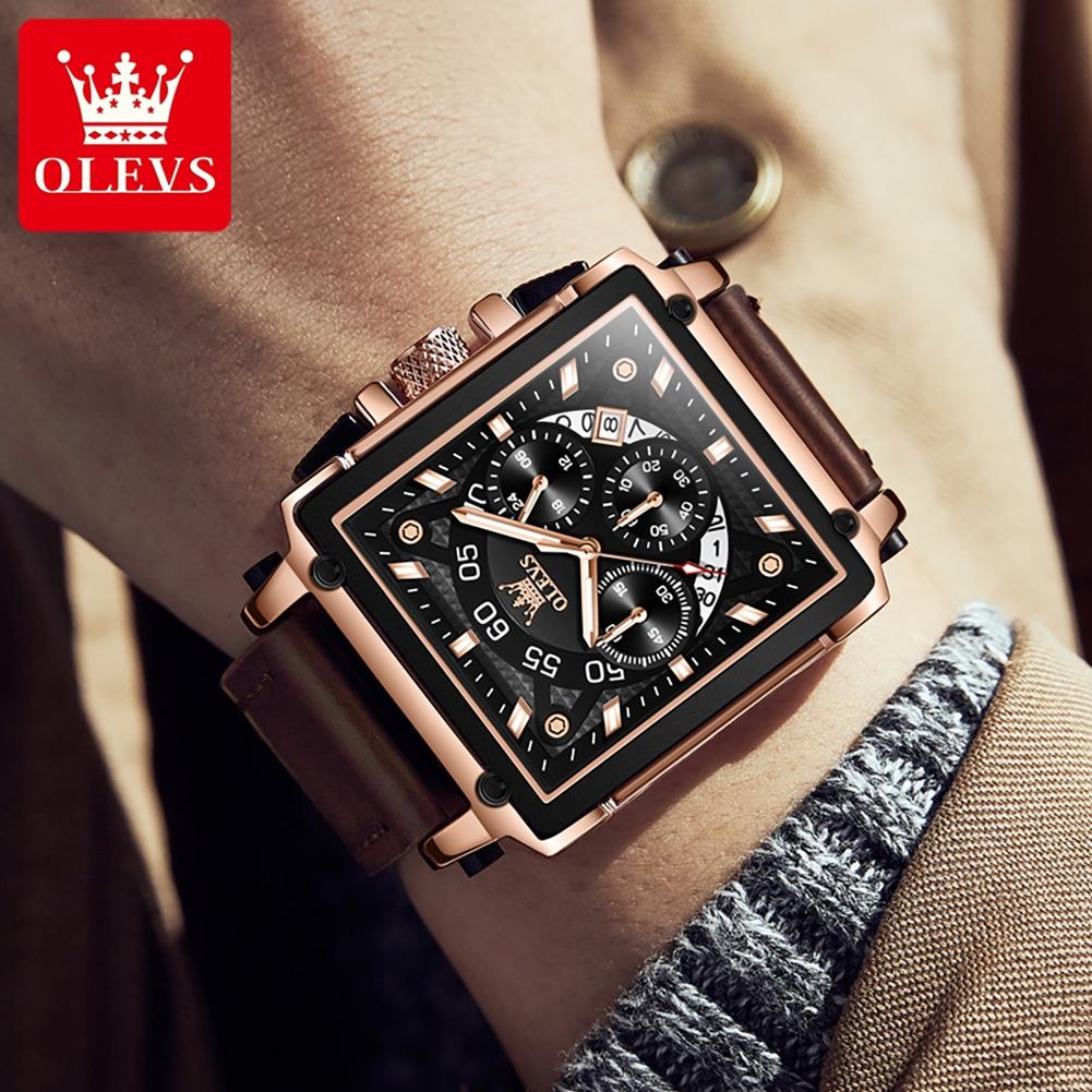 OLEVS Men's Watches Luxury Fashion Leather Strap Square Quartz Wristwatch for Man Waterproof Luminous Date Chronograph New reloj
