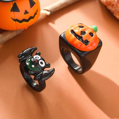 2 Stück Halloween Ring Set Cartoon Kürbis Fledermaus Zeigefinger Ringe Trendiger Lustiger Party Schmuck Paar Hip-Hop Personalisierbares Accessoire