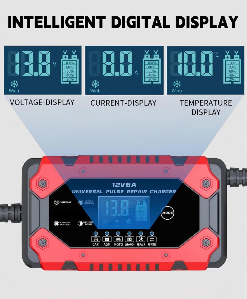 12V Car and Motorcycle Battery Charger, 6A