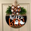 Halloween Door Sign with Cute Ghost Design | Wooden Wreath with Bow for Porch Decor | Farmhouse Style Front Door Welcome Hanger