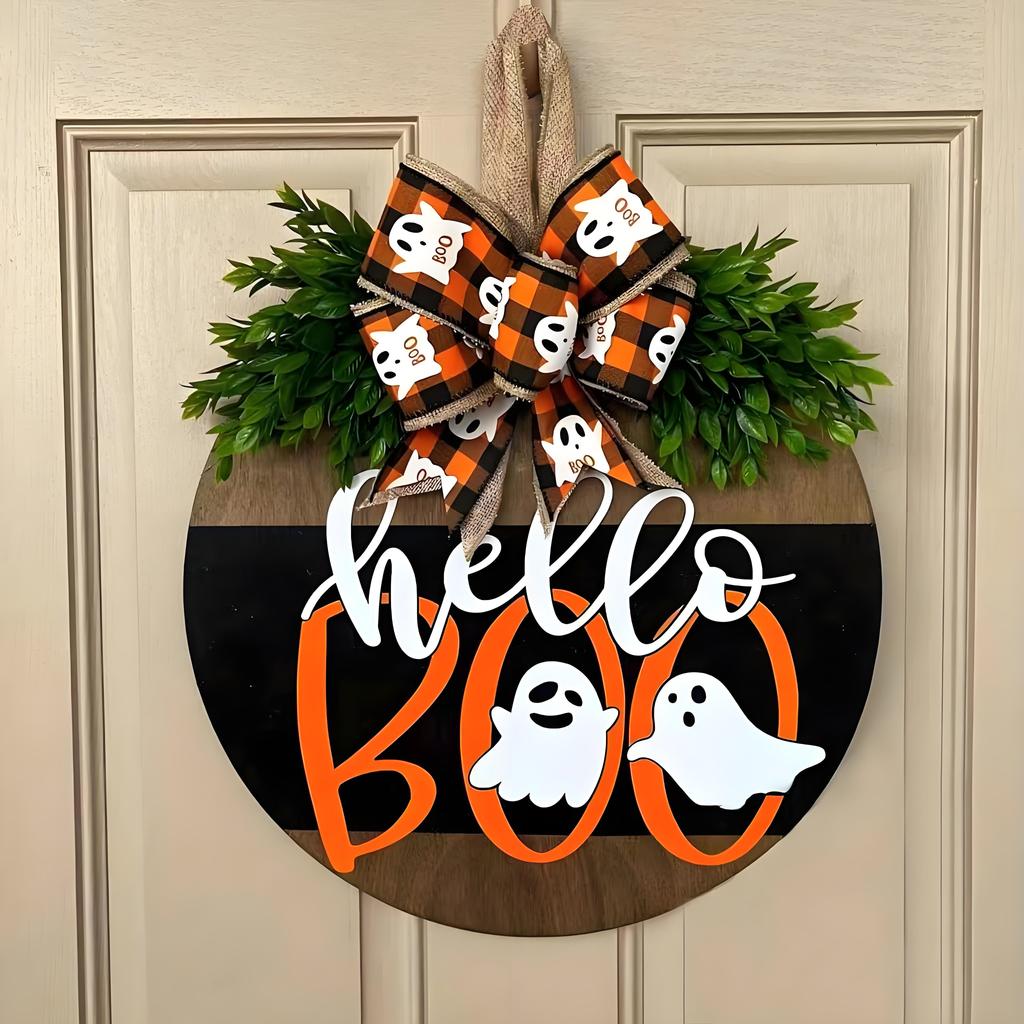 Halloween Door Sign with Cute Ghost Design | Wooden Wreath with Bow for Porch Decor | Farmhouse Style Front Door Welcome Hanger
