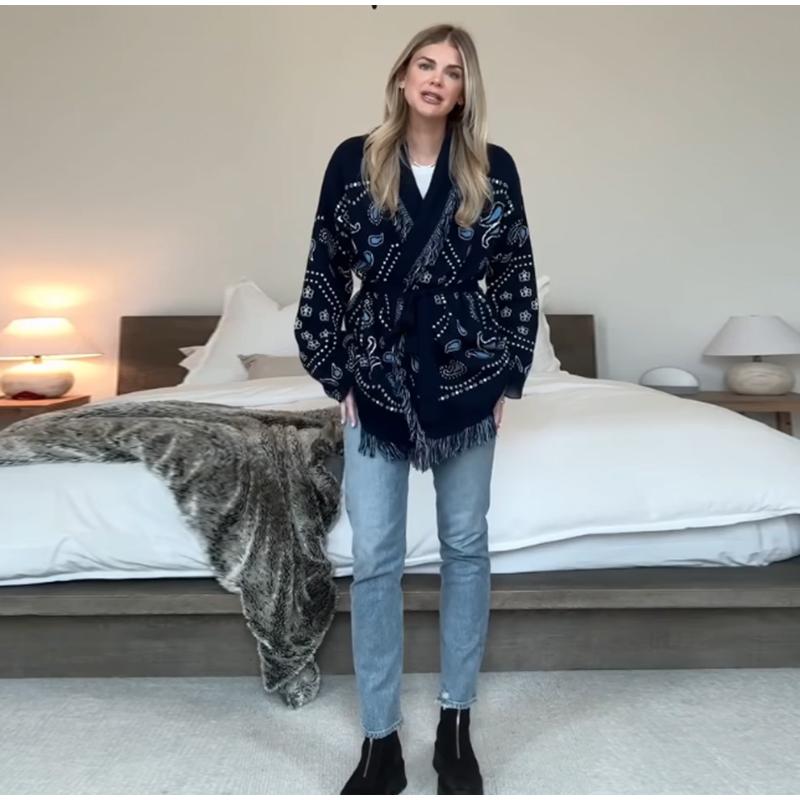 Tassel Patchwork Printed Cardigan Women Geometric Patterns Belts V-neck Long Sleeve Knitted Street Lady Sweater 2026 Autumn Coat