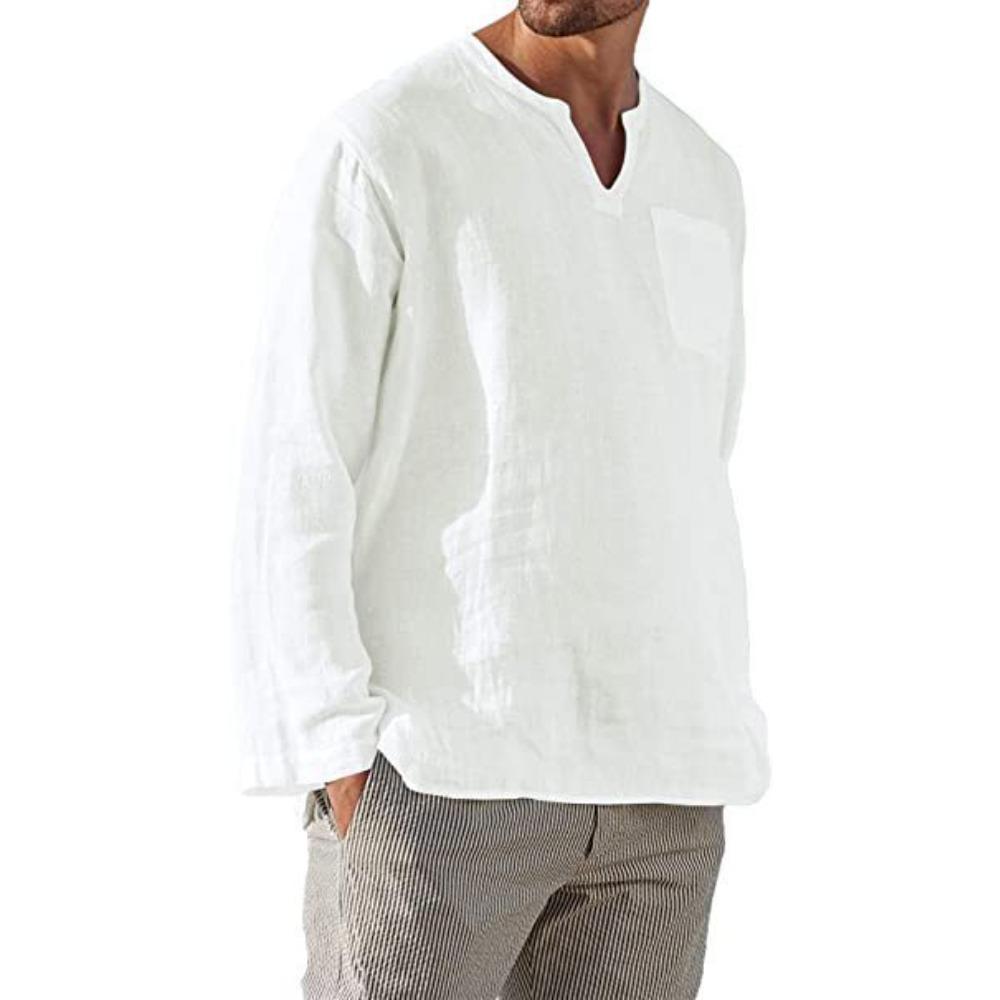 Men's Long-Sleeved V-Neck Casual Beach Linen Shirt