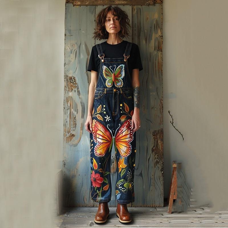 Overalls Sommer Damen Hosen Denim-Imitat Gerade geschnittene Hosen Vielseitige Lockere Gerade geschnittene Hosen 1D Digitaldruck