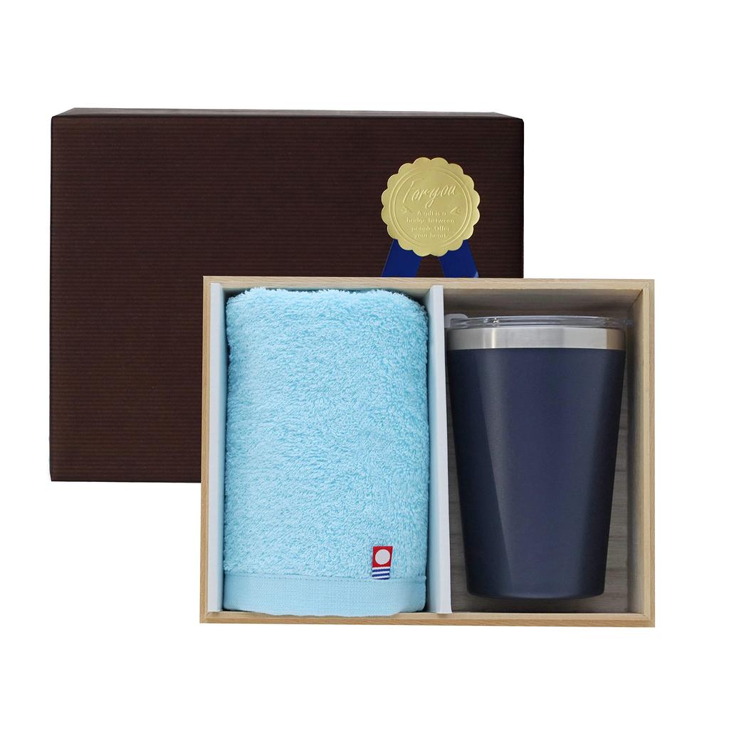 Dolce Duo Tumbler Set with Imabari Towel and Lid, Stainless Steel Convenience Store Cup, Navy Blue, Face Towel, and Blue Face Towel, Perfect for