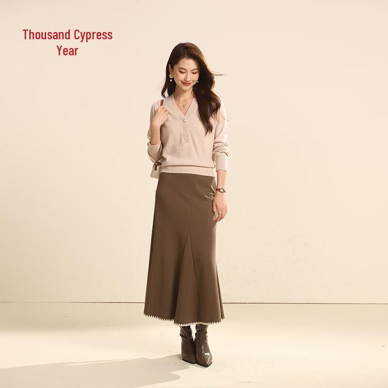 Qianbainian Women's Elegant V-Neck 100% Wool Knit Top