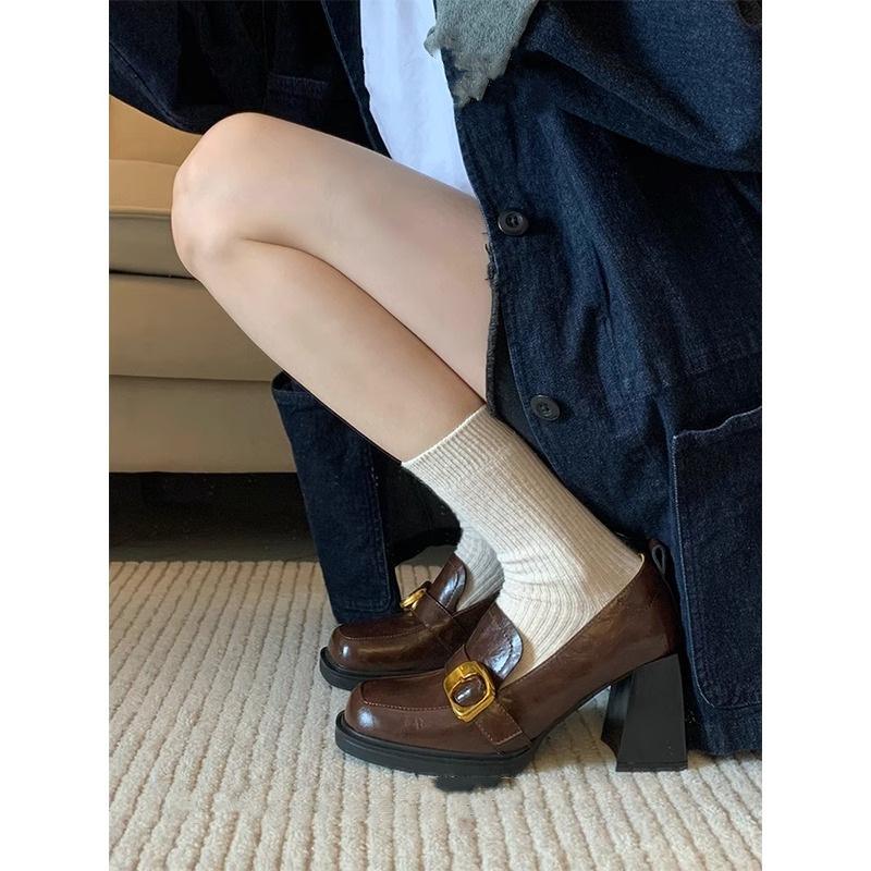 Lan Cabinet 2025 New Retro Square Head Thick Heel One Pedal Loafers High Heel Small Leather Shoes Women's British Style Shoes