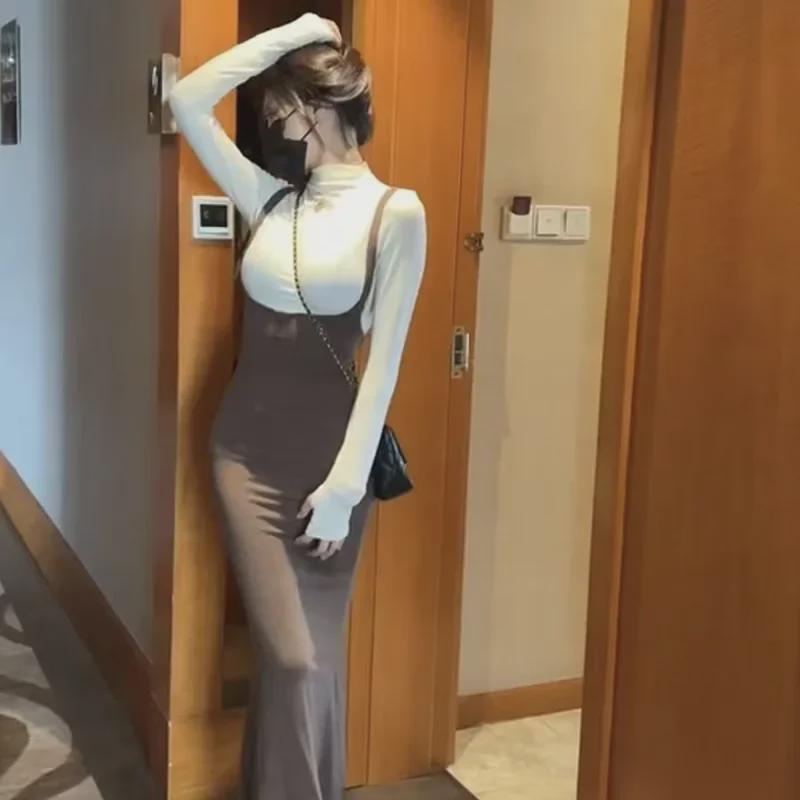 High-Waist Fishtail Skirt & Suspender Top Set - Chic Autumn/Winter Slim Fit Dress