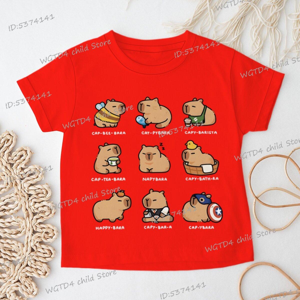 Funny Capybara Cartoon Print T Shirt for Girls Boys Kawaii Animal Comic Design Childrens Clothing Short Sleeve Capybara Tshirt 130