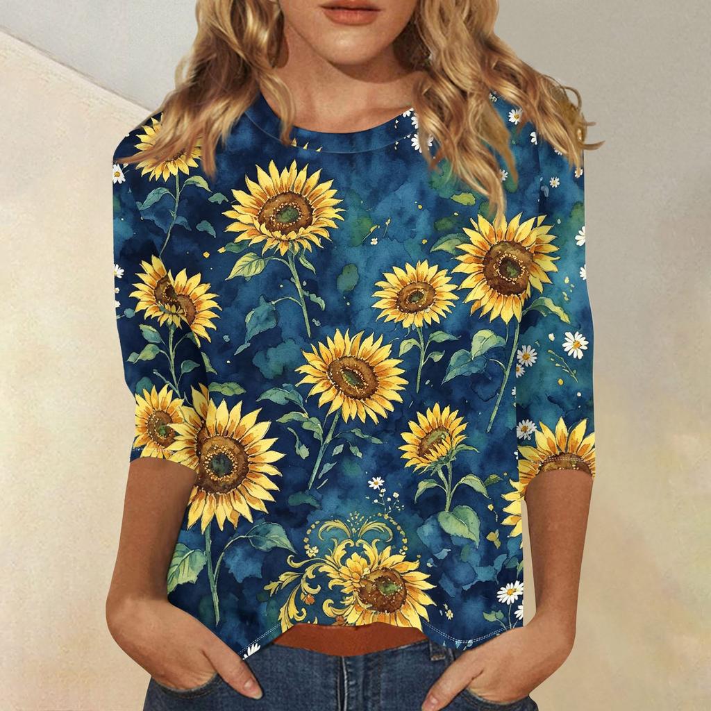 Women's Casual 3/4 Sleeve Floral Print Round Neck Top Lightweight Comfortable Fit Soft Fabric Blouse for Everyday Wear