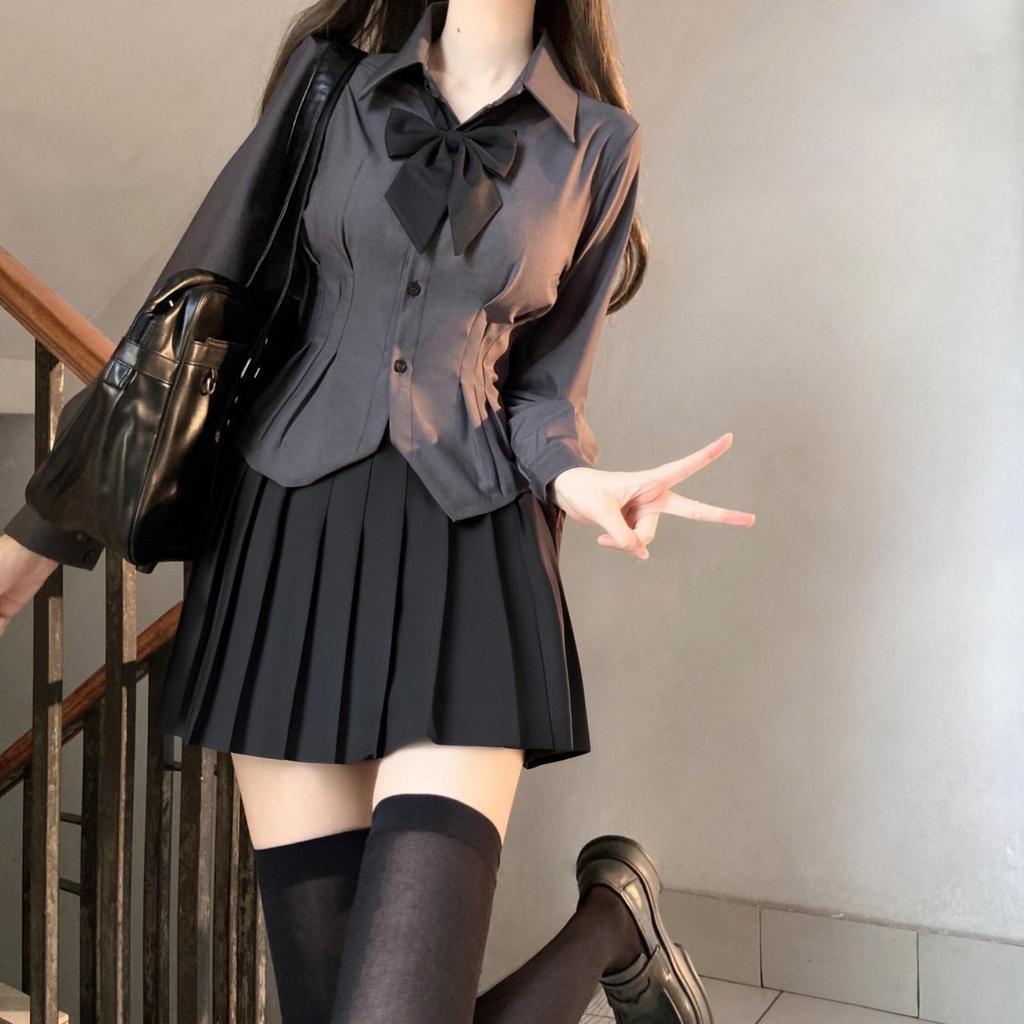 Sivrusn High School Girl Uniform Cosplay Pleated Long Sleeve High Costume for Perfect for Entrance School and Cultural Size S Set, Skirt, Bowknot,