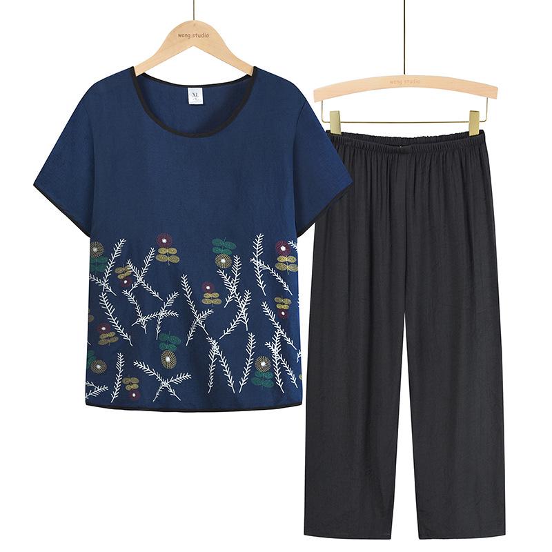 

Летние двухкомпонентные топы из хлопка и льна для женщин 60-70 лет - Короткий рукав XXXXL темно-синий