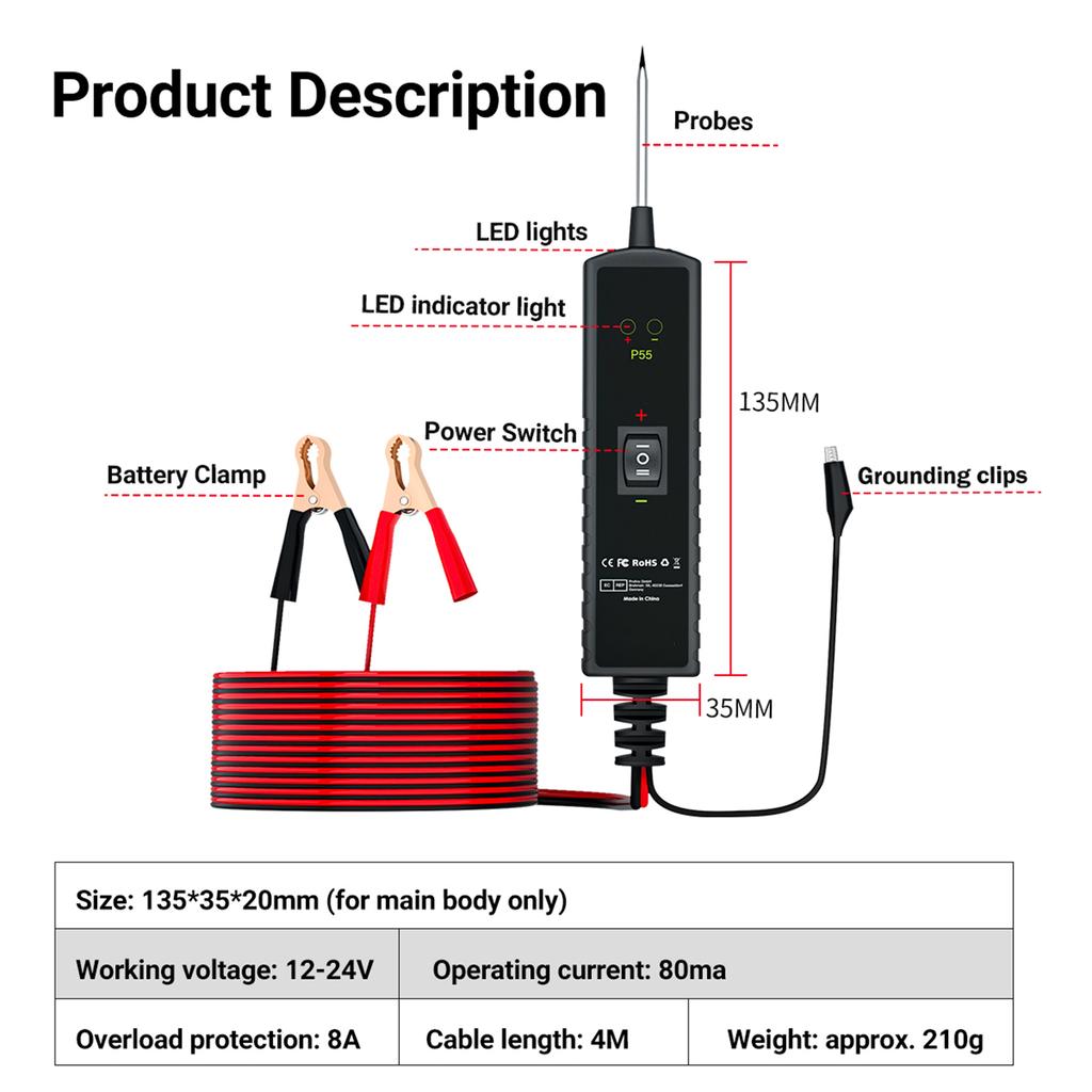 TopDiag P55 Automotive Circuit Tester Car Electrical System Short Tester 12 24V DC with Function Flashlight Component