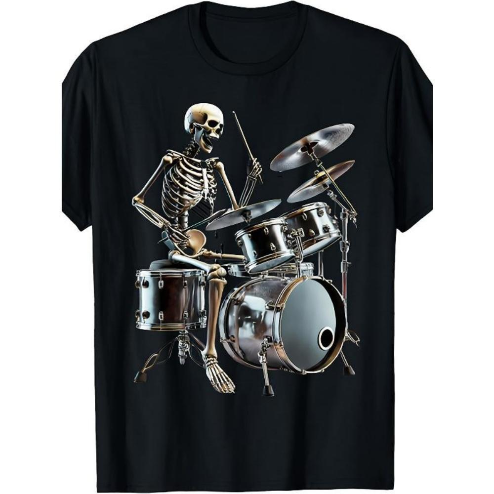 

European Sizes Men S Vintage Gothic Rocker Skeleton Drumming Graphic T-Shirt Tee with Skull Drummer Print, Round Neck Short Sleeve for Halloween, XXXXXL чорний