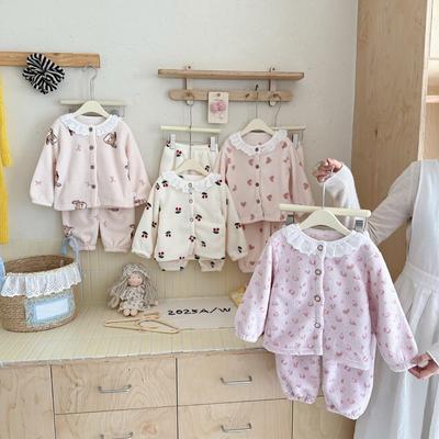 Children's Unisex Snow Grain Velvet Winter Pajama Set - Thickened Warm Baby Cardigan and Pants