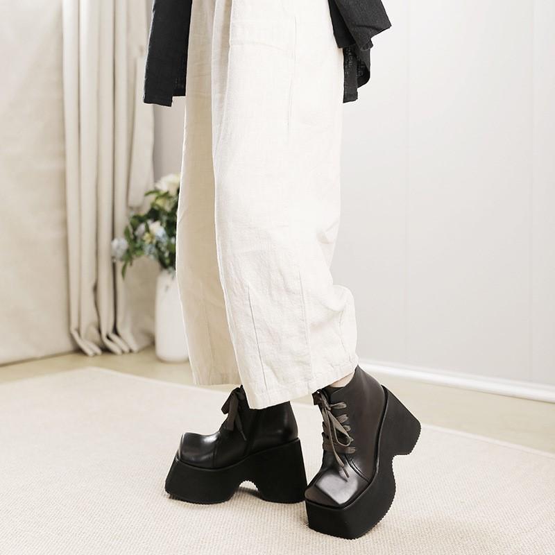 Johnature Retro 10CM Thick Sole Shoes Women's Square Toe Genuine Leather Lace Up Platform Short Boots