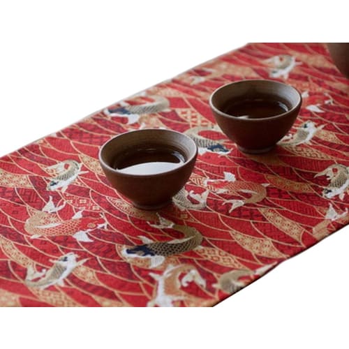 Mon Koi Carp Table Runner, Japanese Style, for Children's Day, Boys' Day, Tea Ceremony, and Kaiseki Rooms (Red, 140cm)