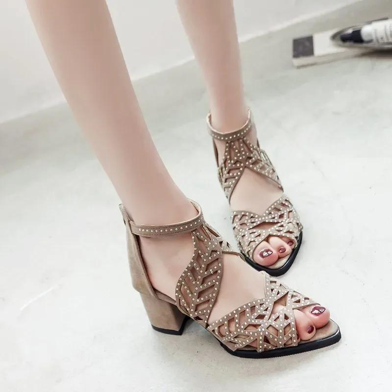 Fashion 2025 Fashionable Rhinestone Fish Mouth  Women's Summer New Hollow-out Large Size Chunky Heel Midheel Back Zipper Sandals
