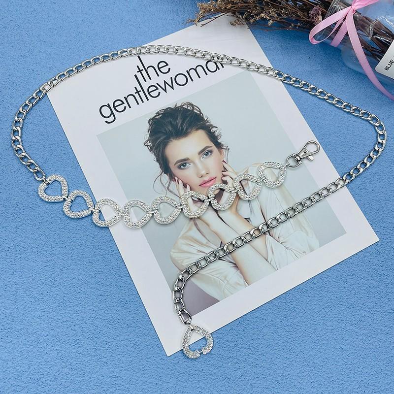 Water Diamond Ladies Waist Chain With Heart Metal Link Belt For Summer Fashion Accessory