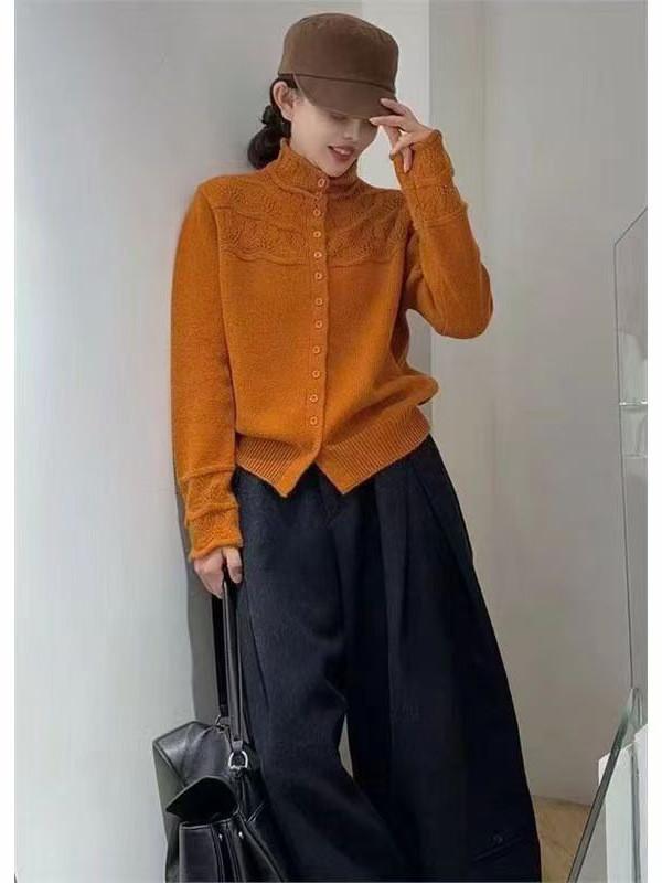 Cozy Autumn Winter Knit Cardigan With Floral Pattern And Round Neck For Women