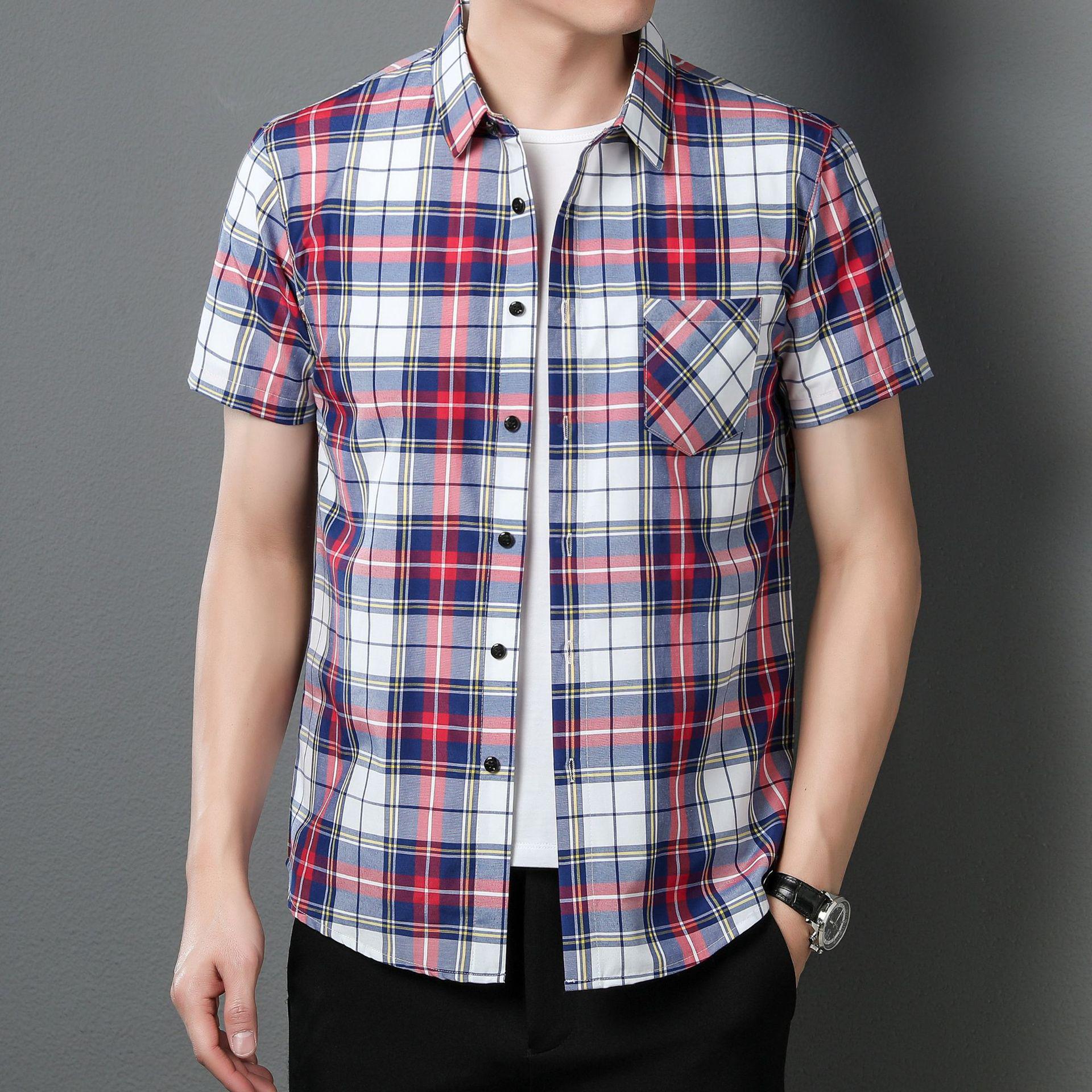 

Мужская летняя клетчатая рубашка-кардиган - короткий рукав, корейский стиль, повседневный топ с лацканами, не требующий глажки XXL красный