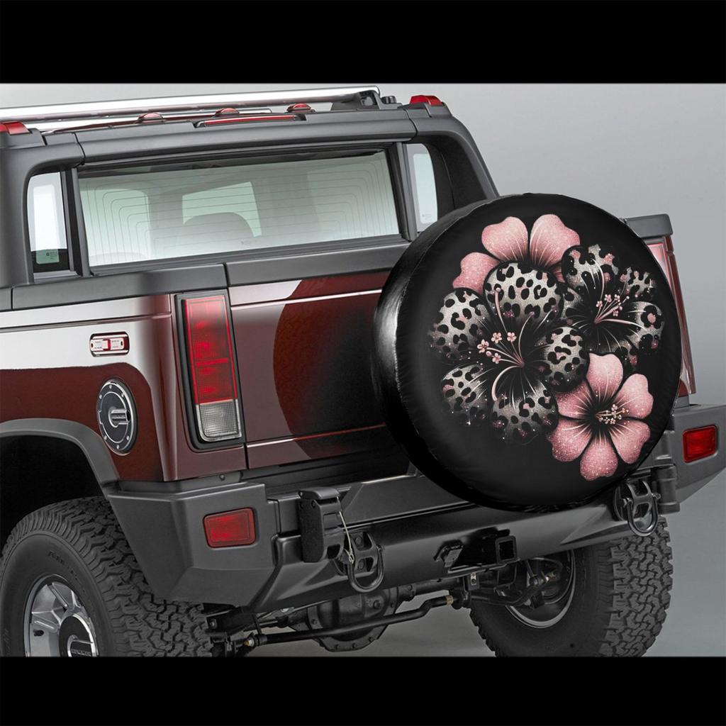 Leopard Print Hibiscus Spare Tire Cover Waterproof Polyester Protective Black Cover