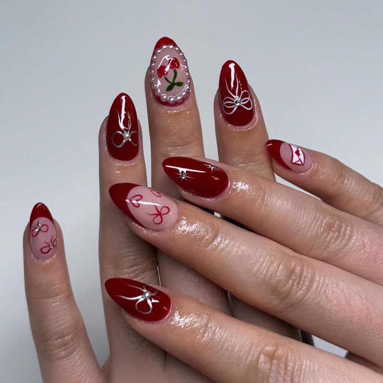 Almond Shape Wearable False Nails with Bow, Heart, and Cherry Designs