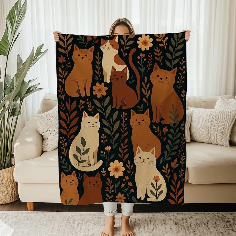 

Blanket Flannel Throw Earthy Floral Cat Decor Cozy Soft Kitty Blanket Cute Gift for Cat Lover Fall Couch Throw 80x60in
