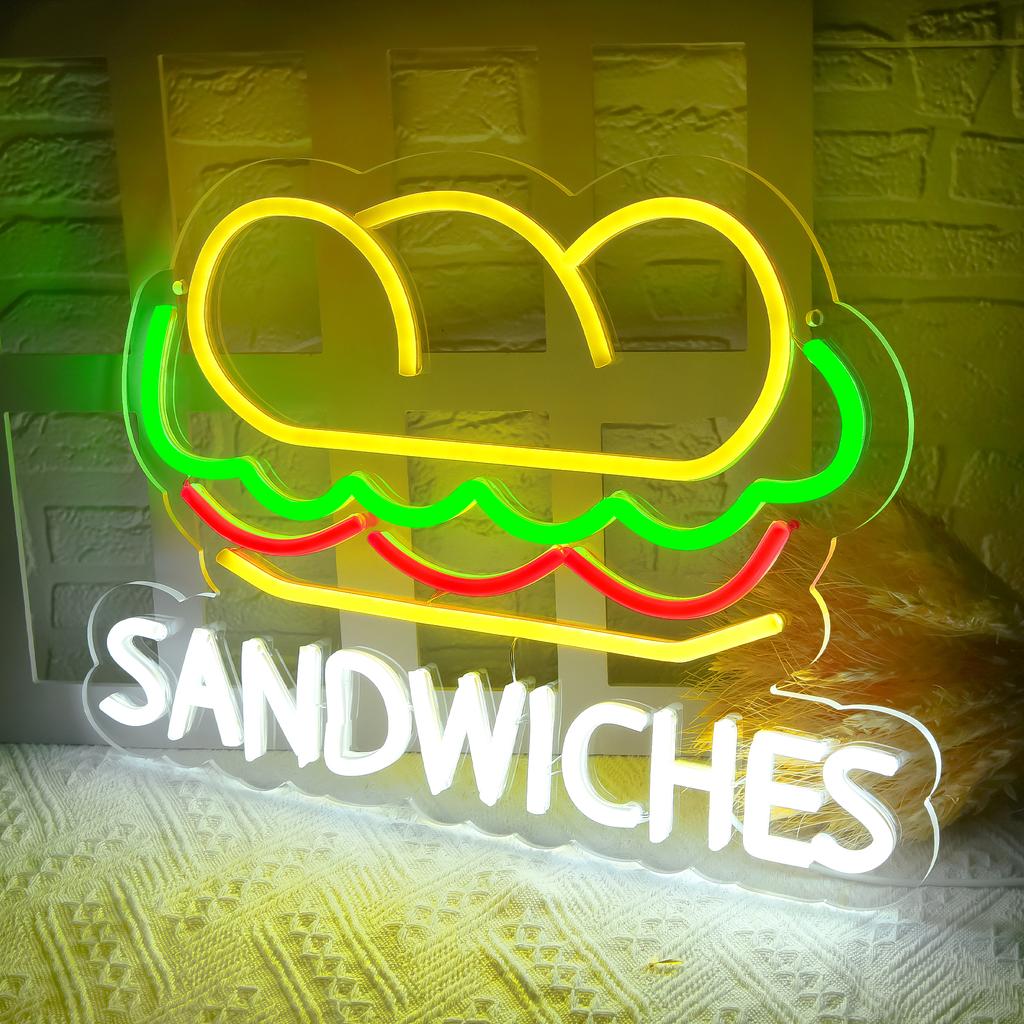 Sandwich Neon Sign for Wall Decor Business Sandwich LED Neon Light Fast food Neon Light Sandwich Signs Decor for Restaurant