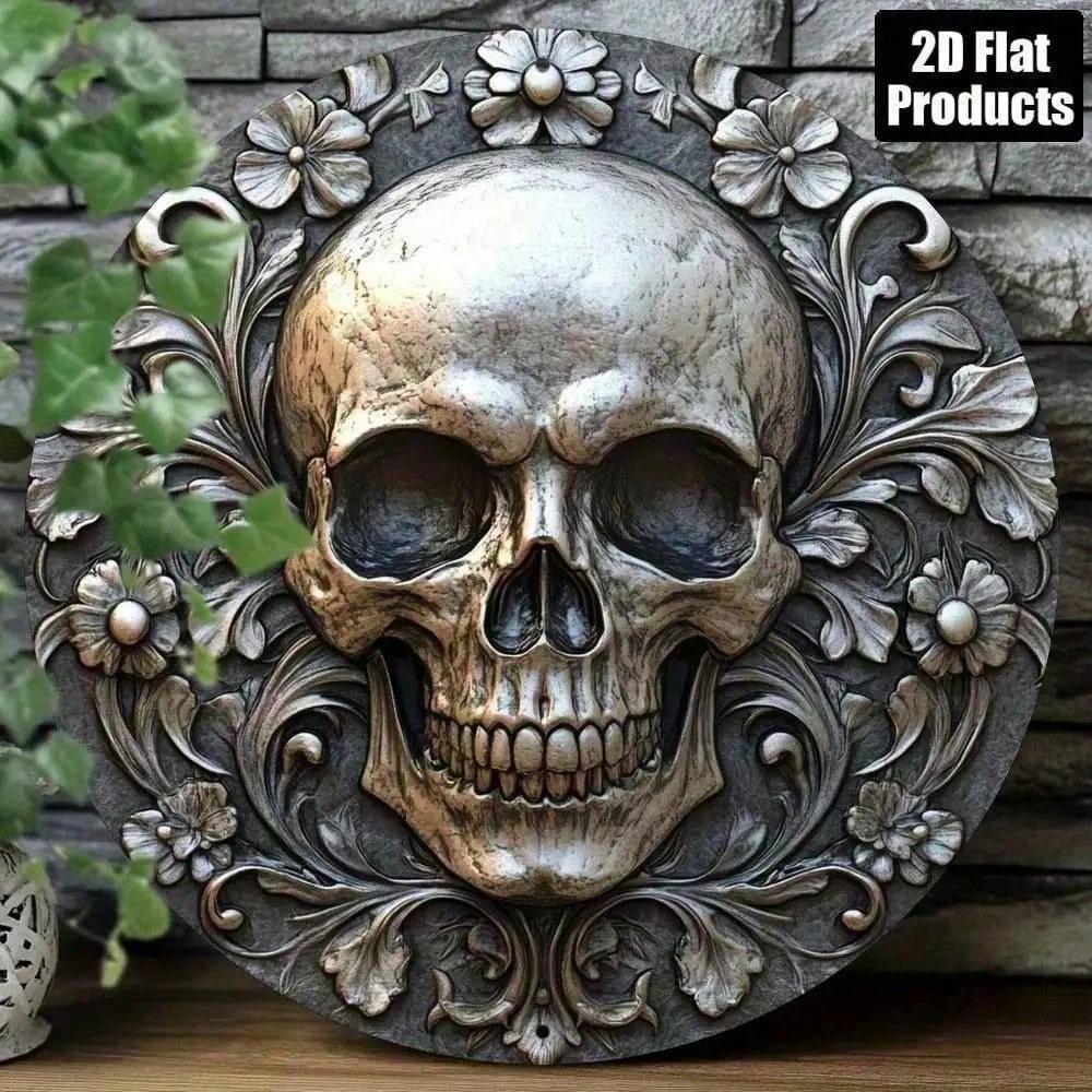 

Vintage Round Metal Sign Skull Gothic Floral Wall Art Decor 2D Aluminum Sculpture for Home Bedroom Bar разноцветный