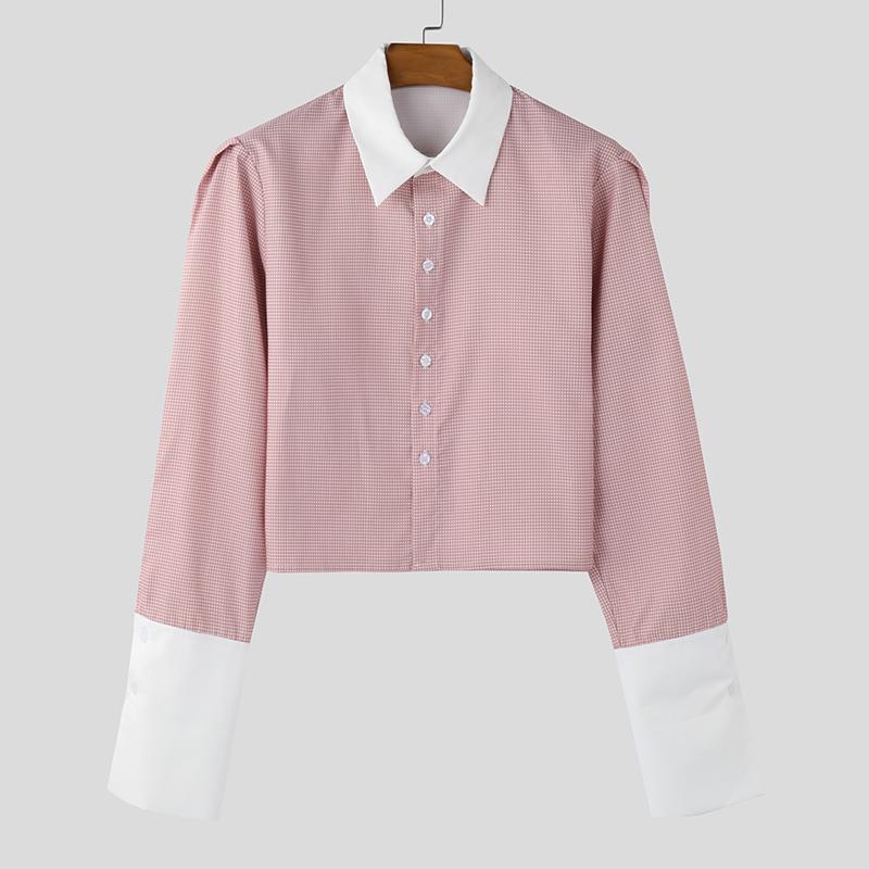 

INCERUN Мужские укороченные рубашки с длинным рукавом в полоску с лацканами, повседневные короткие топы с пуговицами 3XL розовый