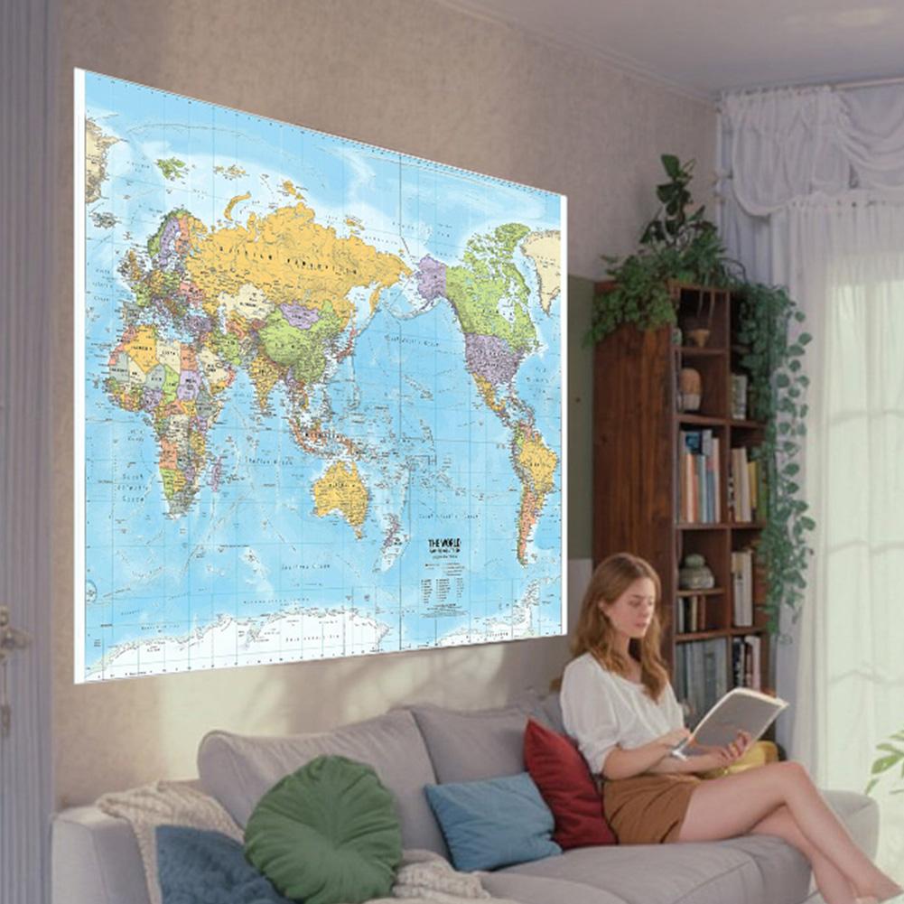 Světová mapa Velká mapa světa se středem na Pacifiku Plakát s politickou mapou Detailní mapa světa pro vzdělávací účely Domácí kancelář Dekorace