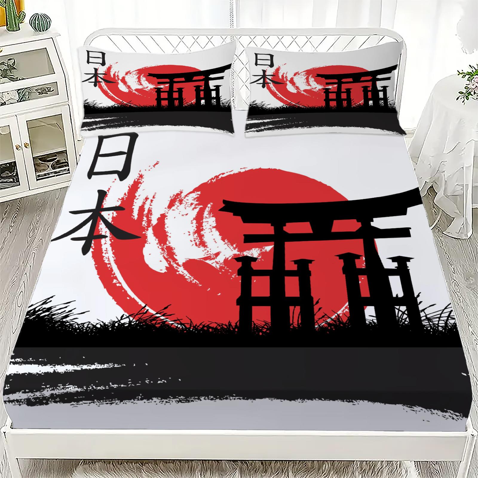 

Japanese Style 3D Print Fitted Sheet Set 100% Polyester Mattress Covers Breathable Set Room Decoration With 2 Pillowcases Twin99x190cmx25