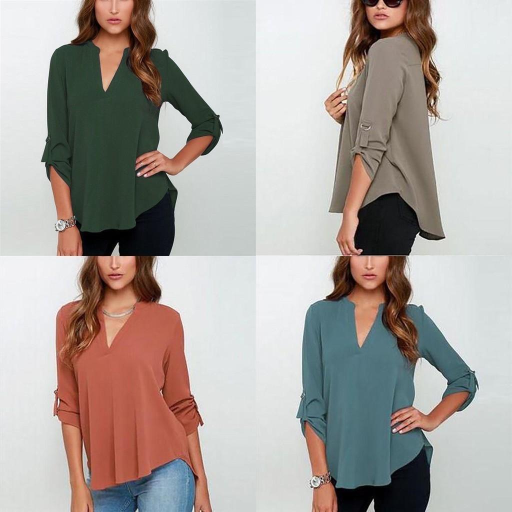 Stilvolles Damen Casual Langarm V-Ausschnitt T-Shirt Pullover Tunika Bluse Optionen