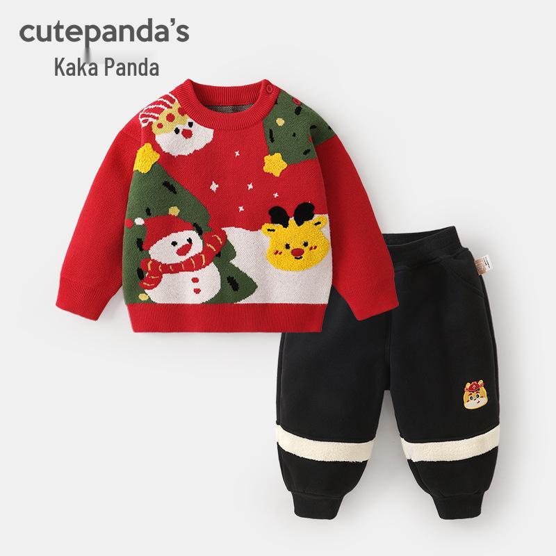 Kaka Panda Boys  Christmas Sweater & Velvet Pants Set - Baby Winter Outfit 73 cm