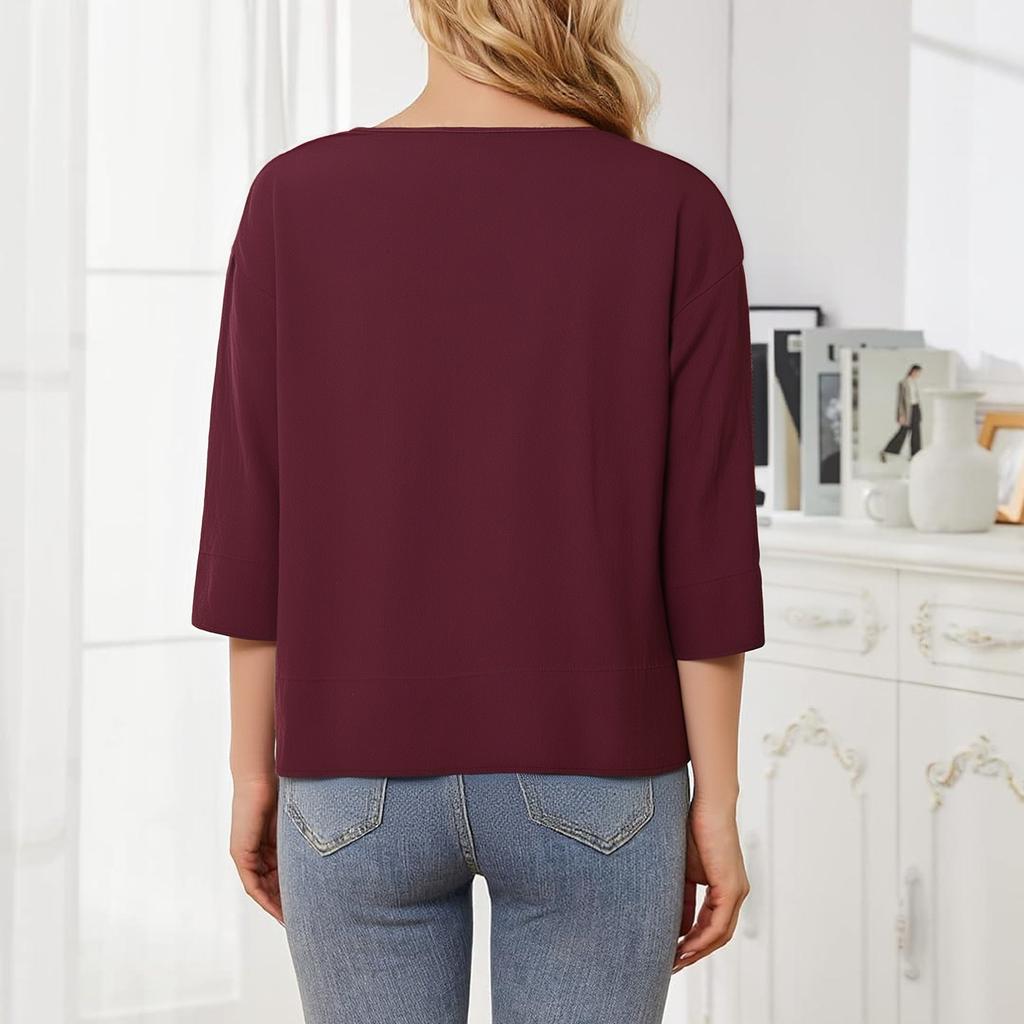 Ladies' Casual Fashion Solid Color V-neck Loose Slit Casual Solid Color Cotton And Linen Top