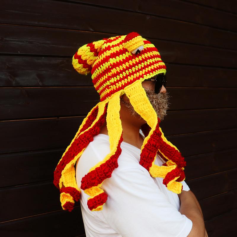 Handgemachte Häkelwolle Oktopus Mütze - Lustige Tintenfisch Kopfbedeckung für Herbst und Winter Halloween