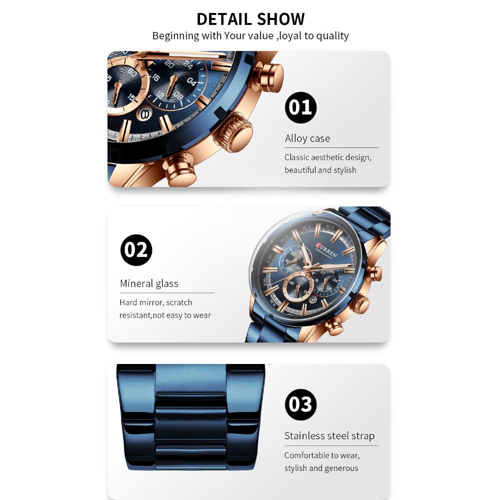 CURREN Herrenuhr Blaues Zifferblatt Edelstahlarmband Datum Herren Business Wasserdicht Herren Armbanduhren